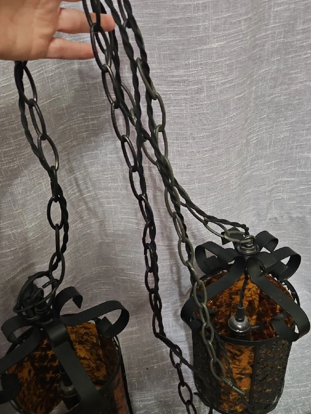 Vintage 1970s Spanish Revival Wrought Iron & Amber Acrylic Pendant Swag Lamps